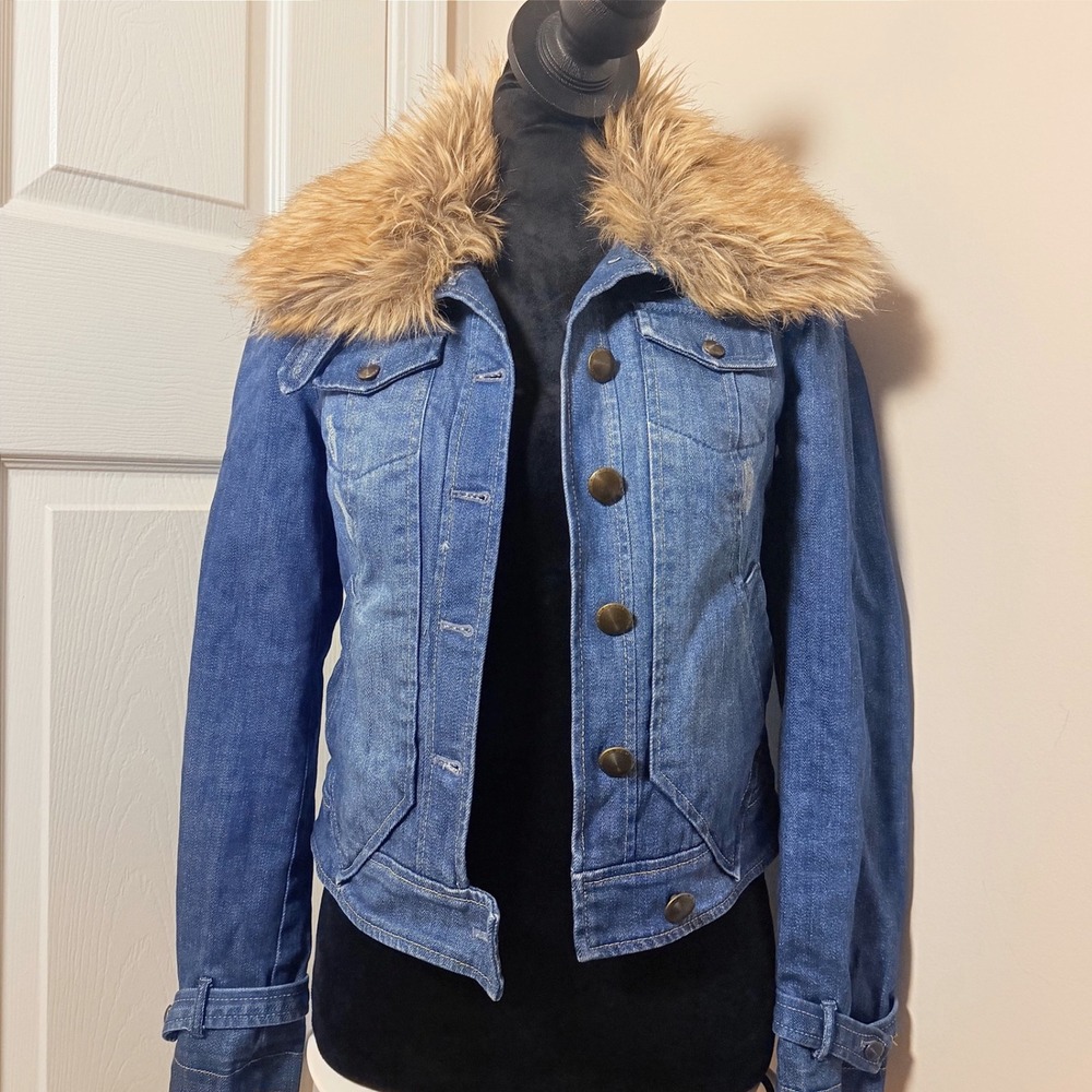 VTG Armani Exchange Denim Jacket Fur Collar y2k Women's Size XS 90s Boho